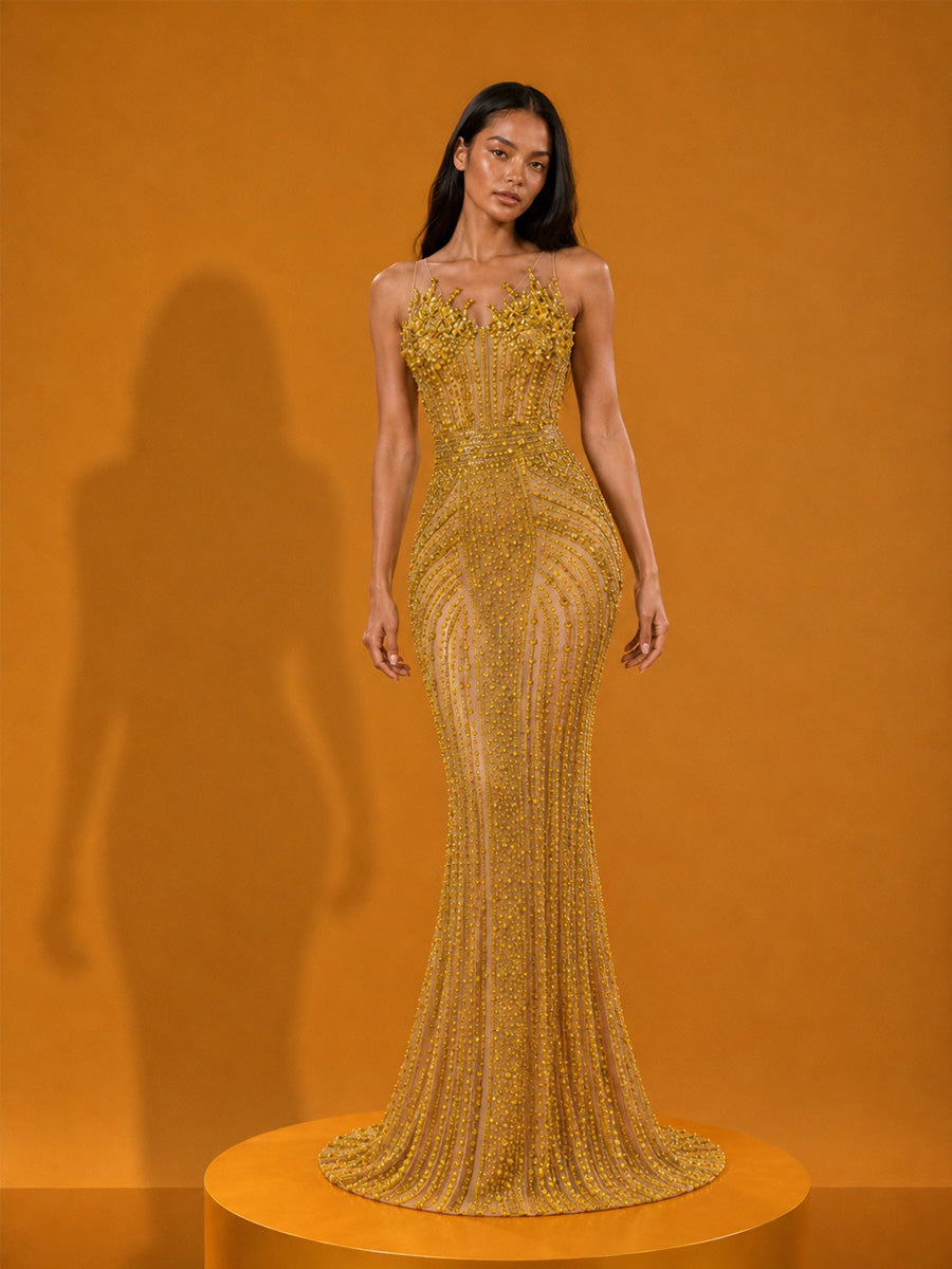Jocelyn Elegant Strapless Sparkling Rhinestone Maxi Dress In Gold
