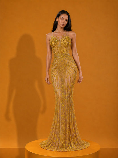 Jocelyn Elegant Strapless Sparkling Rhinestone Maxi Dress In Gold