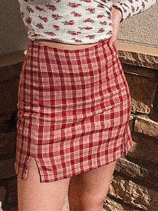 Spring And Summer Fashion Joker Pink Plaid Half-Length Hip Skirt