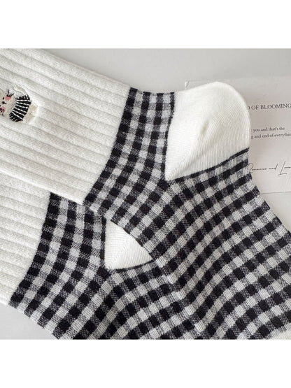 Rufia - Cute Cat Embroidery Plaid Socks for Women