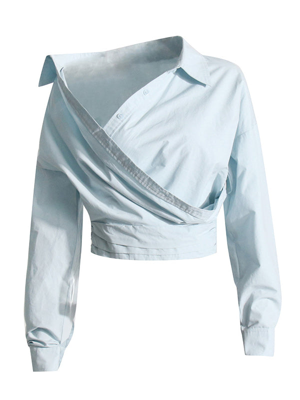 Long Sleeves Loose Buttoned Solid Color Zipper Lapel Collar Shirts Tops