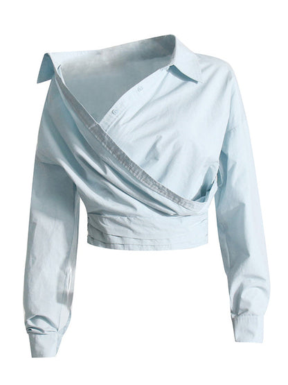 Long Sleeves Loose Buttoned Solid Color Zipper Lapel Collar Shirts Tops