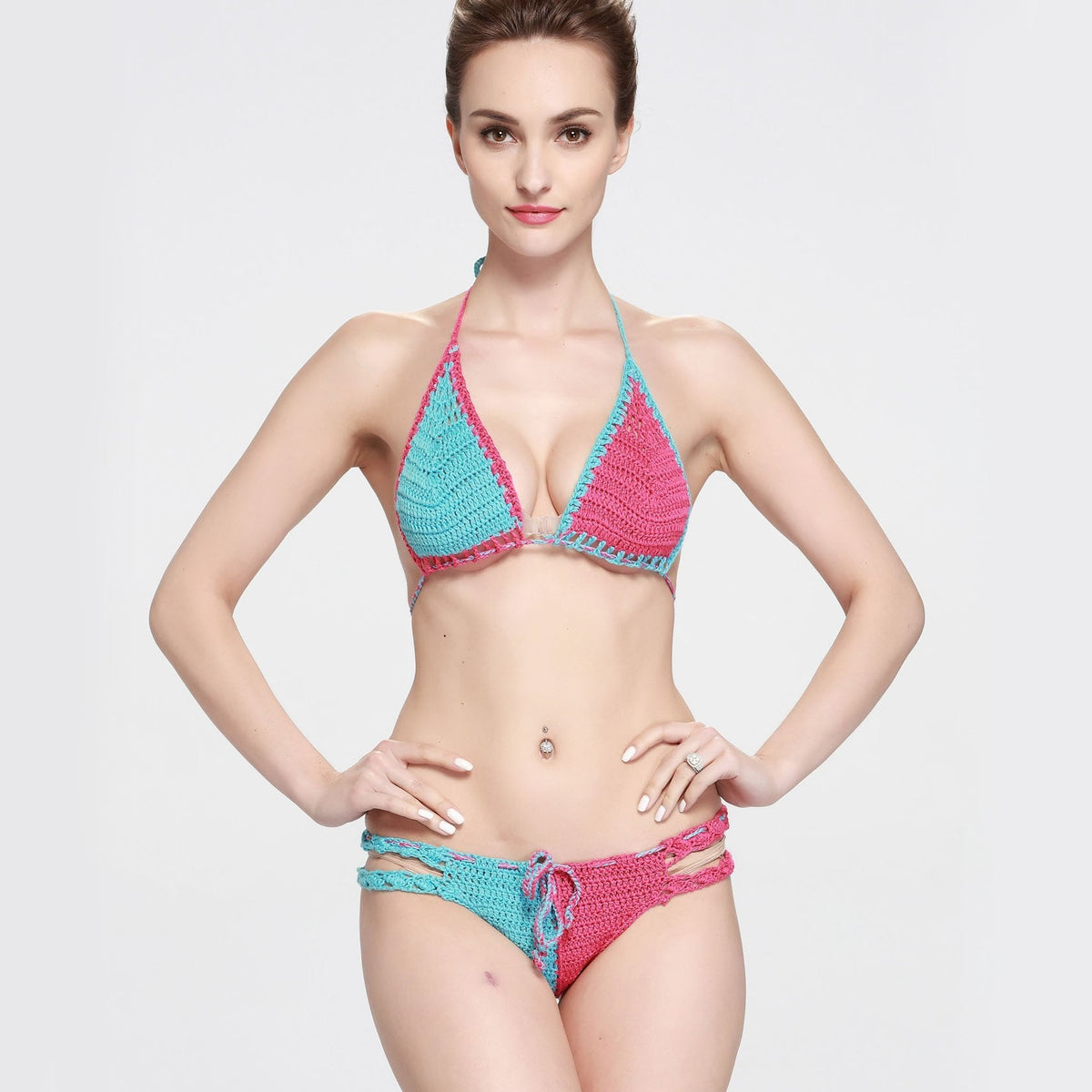 New Sexy Crochet Striped Bikini Swimsuit Suit