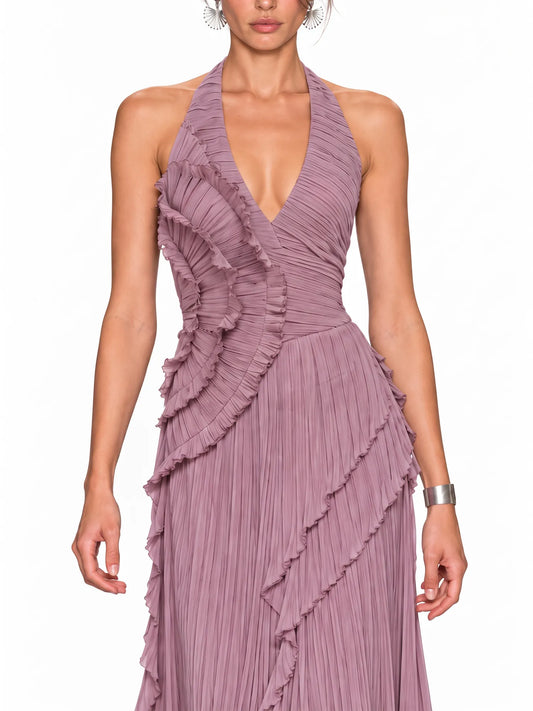 Adeline Pleated Ruffle Maxi Dress In Purple