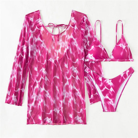 Split Three Piece Tie-Dye Printed Bikini Swimsuit