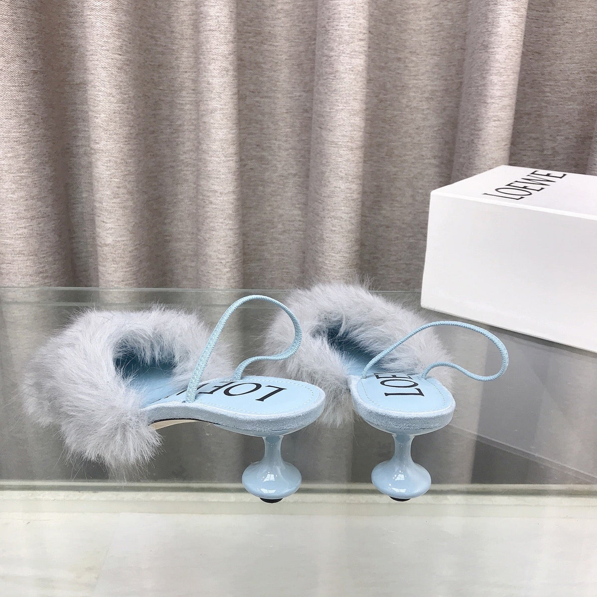 Loewe 25SS Fur-lined Mule 60 Blue in Fox Fur 597439