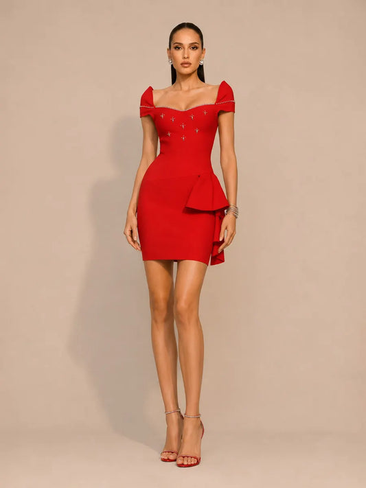 Lila Romantic Contour Short Sleeve Rhinestone Bandage Mini Dress