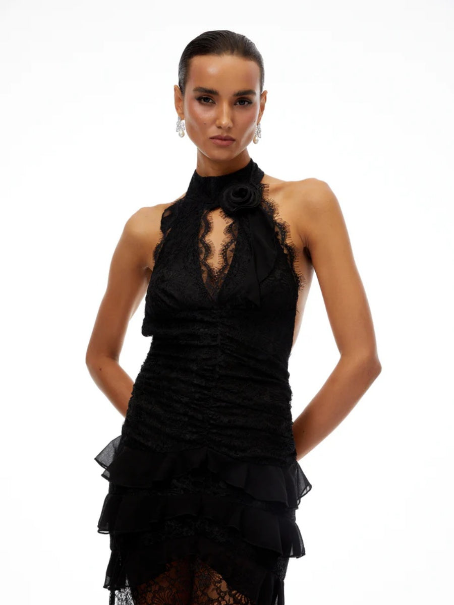 Luna Lace Halter Tiered High-Low Gown in Black
