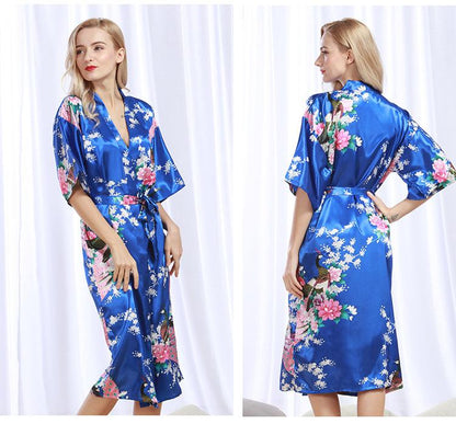 Peacock Nightgown Bathrobe Sexy Cardigan Silk Pajamas Women'S Summer Home Wear 1