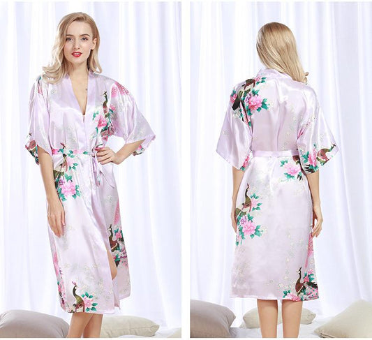 Peacock Nightgown Bathrobe Sexy Cardigan Silk Pajamas Women'S Summer Home Wear 3