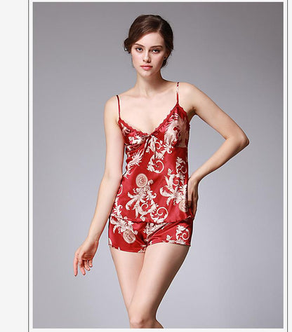 Ice Silk Pajamas Dragon Pattern Summer Silk Sleeping Skirts Women'S Suspenders Shorts Two Suit Pendant Home Clothes