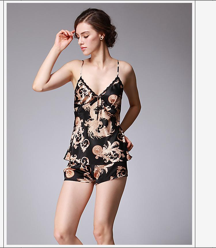 Ice Silk Pajamas Dragon Pattern Summer Silk Sleeping Skirts Women'S Suspenders Shorts Two Suit Pendant Home Clothes