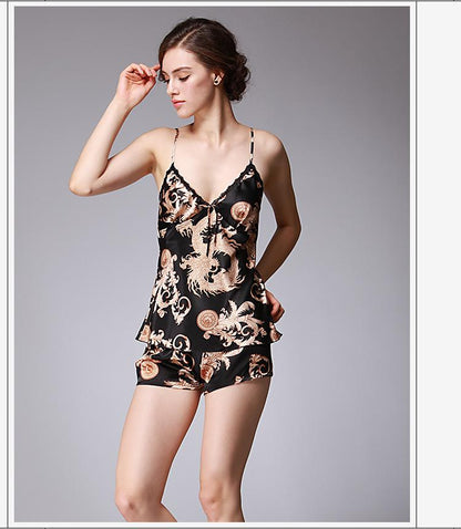 Ice Silk Pajamas Dragon Pattern Summer Silk Sleeping Skirts Women'S Suspenders Shorts Two Suit Pendant Home Clothes