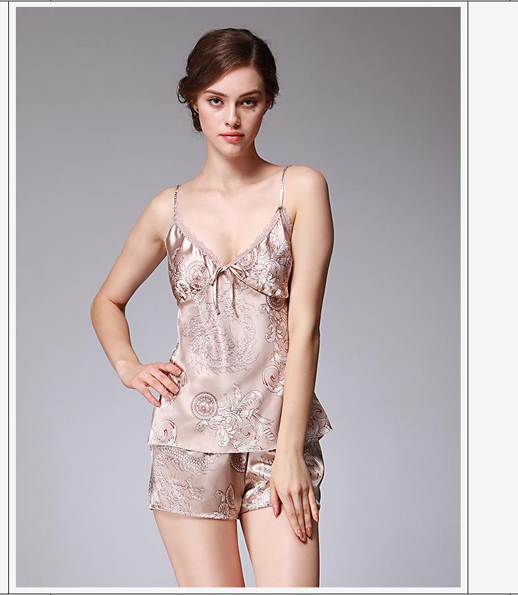 Ice Silk Pajamas Dragon Pattern Summer Silk Sleeping Skirts Women'S Suspenders Shorts Two Suit Pendant Home Clothes