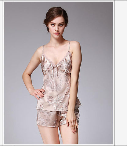 Ice Silk Pajamas Dragon Pattern Summer Silk Sleeping Skirts Women'S Suspenders Shorts Two Suit Pendant Home Clothes