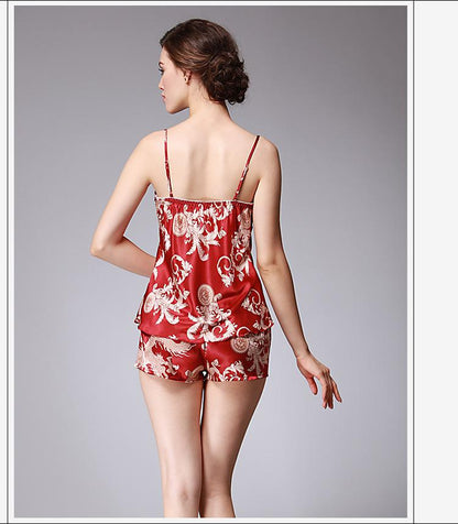 Ice Silk Pajamas Dragon Pattern Summer Silk Sleeping Skirts Women'S Suspenders Shorts Two Suit Pendant Home Clothes