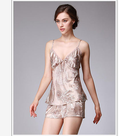 Ice Silk Pajamas Dragon Pattern Summer Silk Sleeping Skirts Women'S Suspenders Shorts Two Suit Pendant Home Clothes
