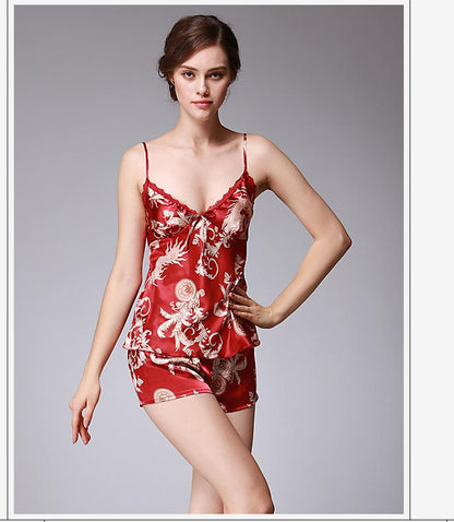 Ice Silk Pajamas Dragon Pattern Summer Silk Sleeping Skirts Women'S Suspenders Shorts Two Suit Pendant Home Clothes