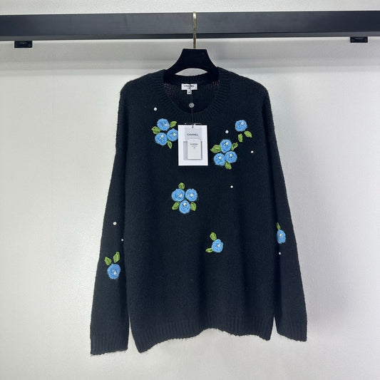 CC Floral Long-Sleeved Sweater Black Wool Nylon 345974