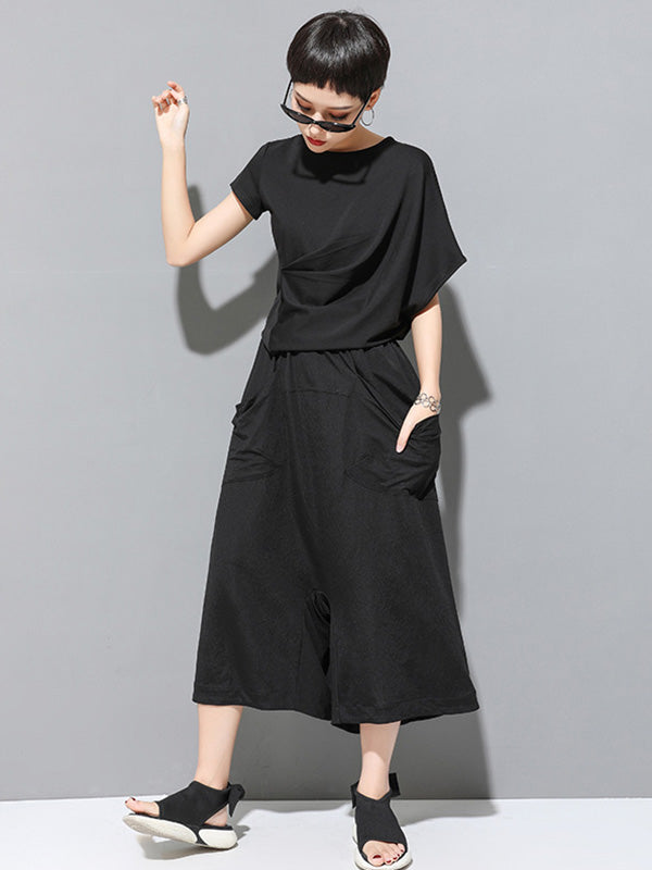 Simple Loose Wide Leg Solid Color Casual Three-Quarter Pants Bottoms