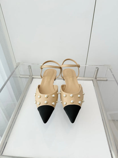 CC 26 Heeled Slingback With Pearl Toe Beige in Lambskin 597323