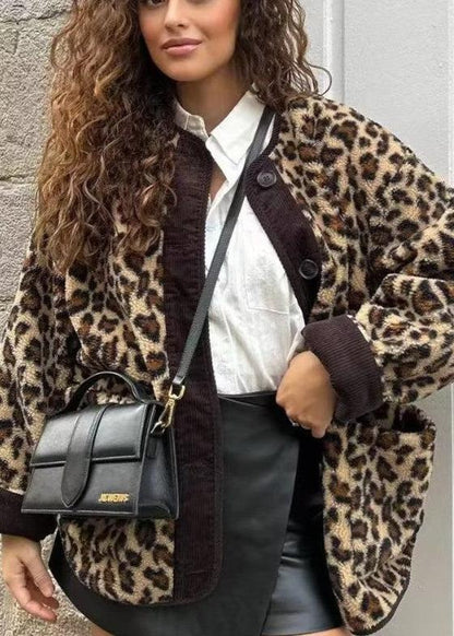 Loose Jacket Plush Fabric Animal Print Style