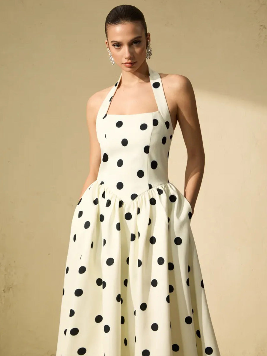 Bianca White Polka Dot Halter Maxi Dress