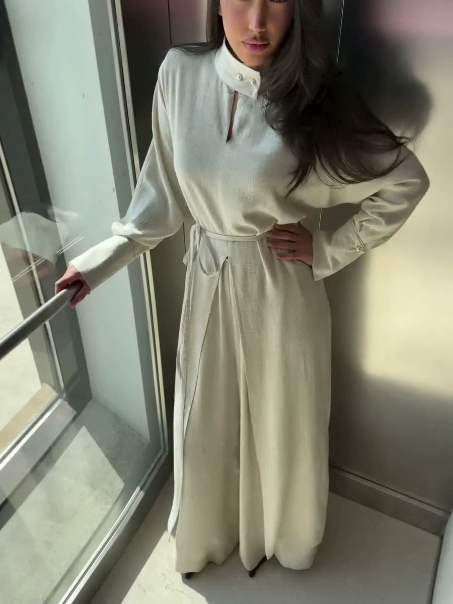 Helena Long-Sleeve Top and High-Waisted Wide-Leg Pants Set