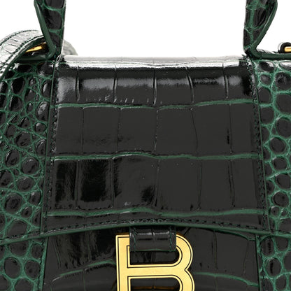 Shiny Calfskin Crocodile Embossed Hourglass Top Handle Bag XS Forest Green