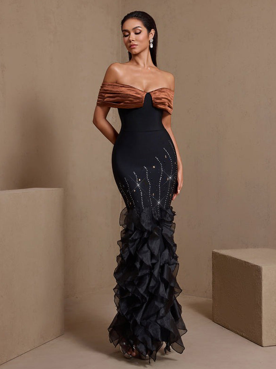 Inara Rhinestone Rippled Edge Slit Bandage Maxi Dress