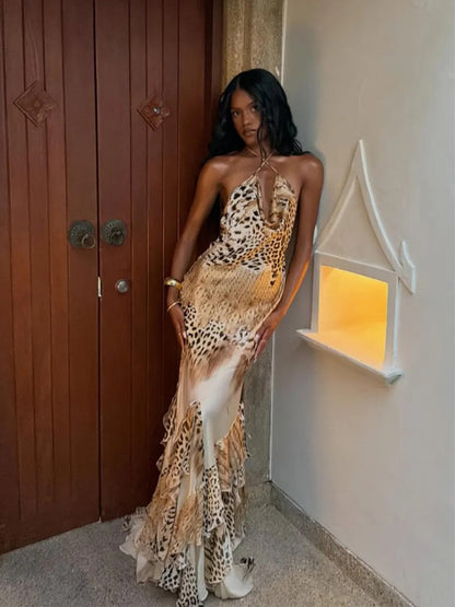 Willow Leopard Print Halter Ruffle Maxi Dress