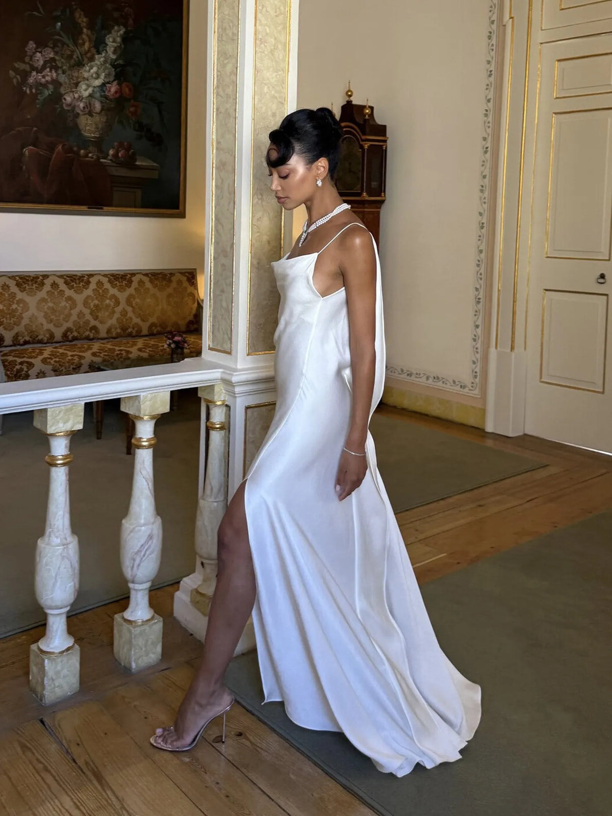 Nayeli Satin Open-Back Spaghetti Strap Maxi Dress
