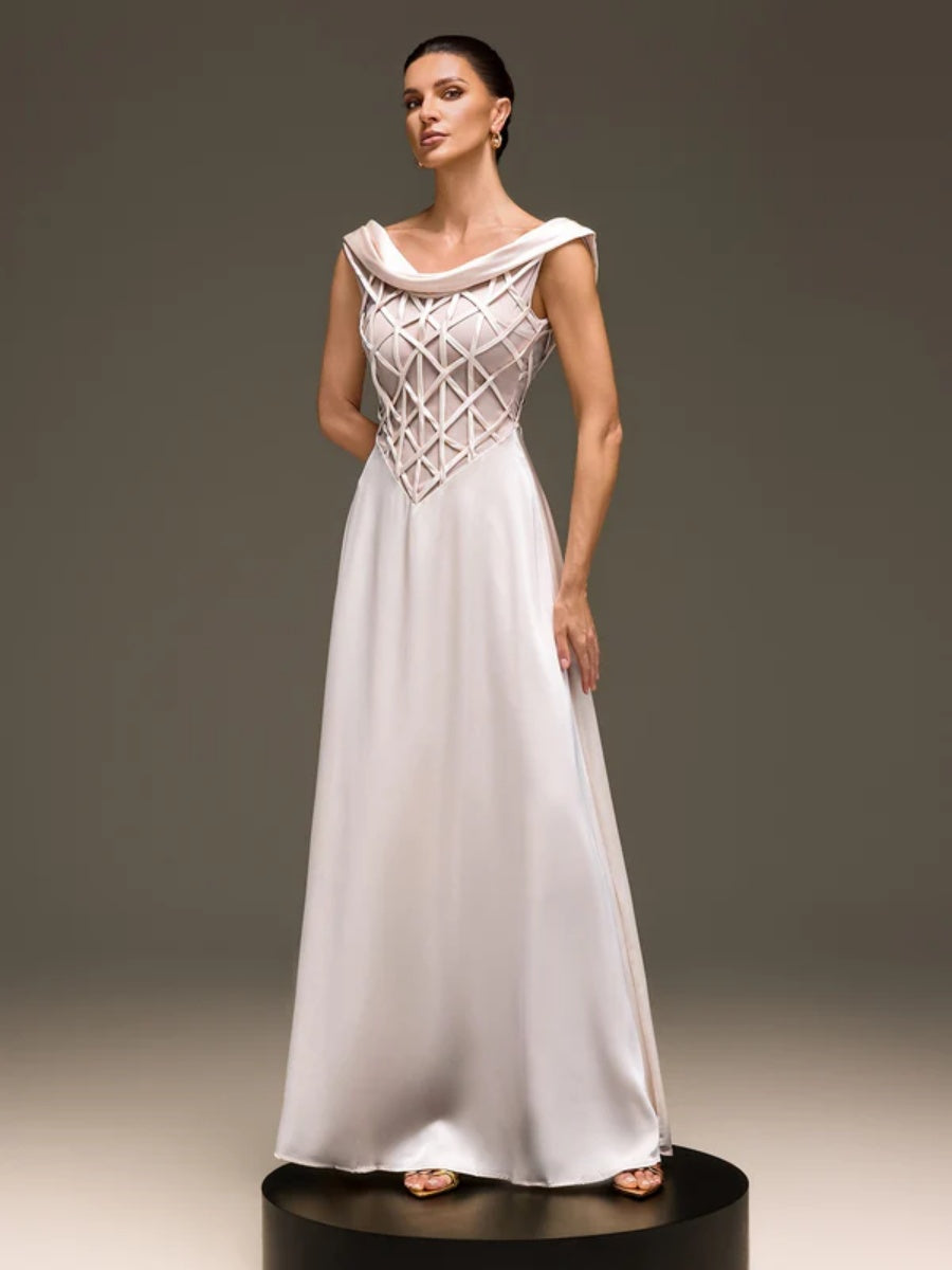 Seraphina Lattice-Bodice Off-the-Shoulder Satin Gown
