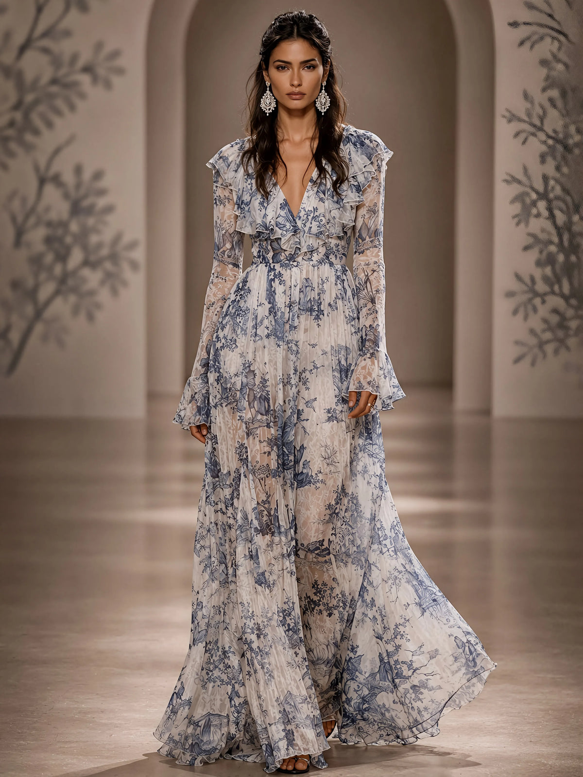 Adeline Elegant Printed Chiffon Maxi Dress