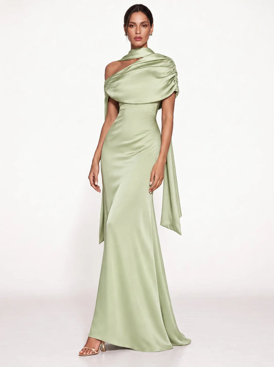 Athena One-Shoulder Pleated Maxi Dress In Green