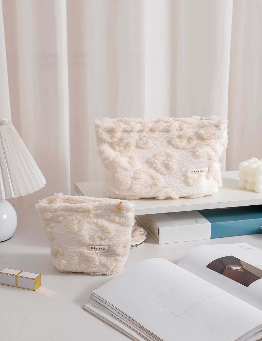 White Plushed Love Jacquard Make Up Bag