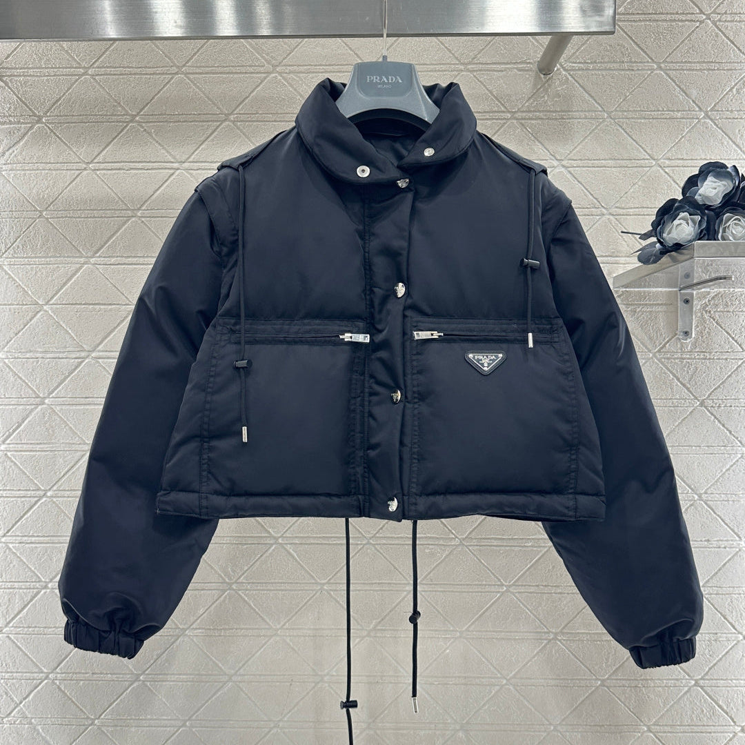Prada 2025 Cropped Jacket With Detachable Sleeves Black Re-Nylon Down