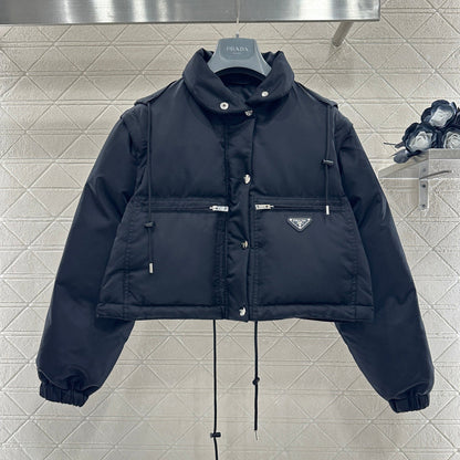 Prada 2025 Cropped Jacket With Detachable Sleeves Black Re-Nylon Down