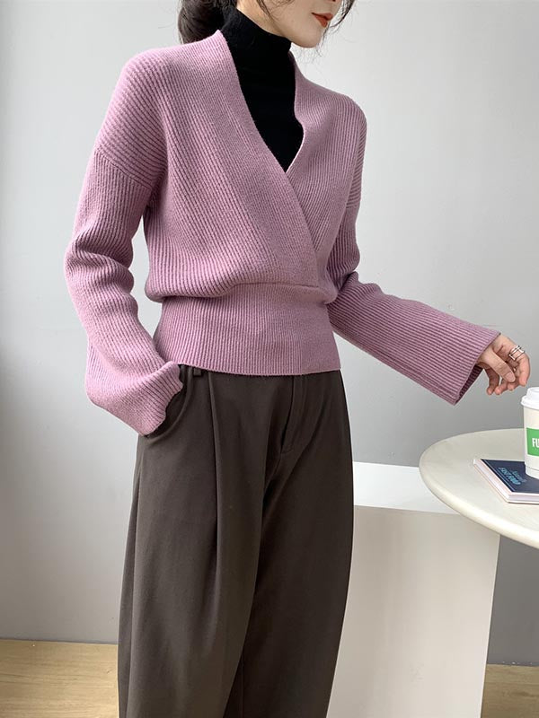 Stylish 6 Colors Knitting V-Neck Asymmetric Sweater