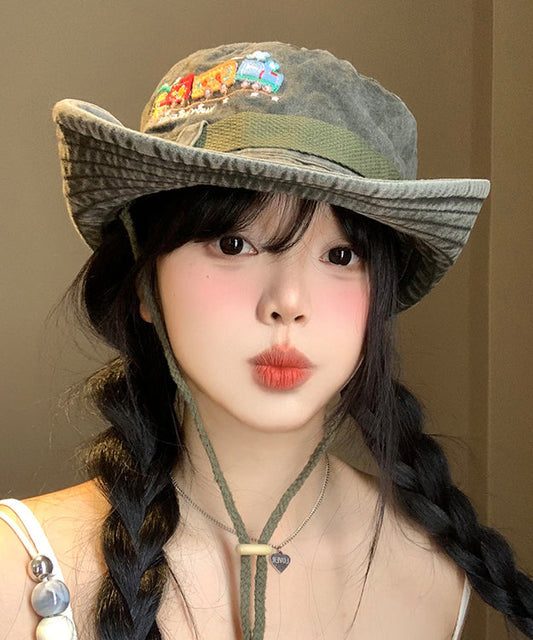 New Retro Army Green Embroidered Large Eaves Cowboy Hat