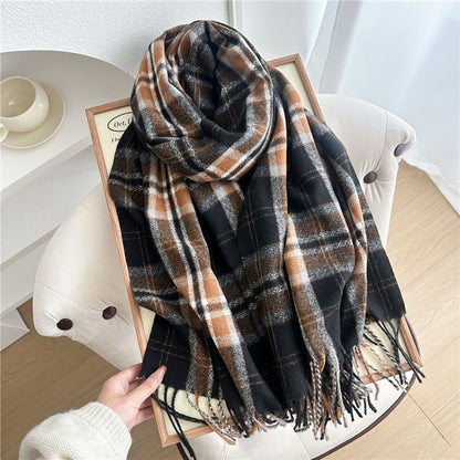 Color Block Plaid Fringe Scarf
