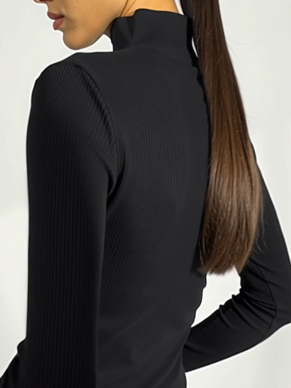 Long Sleeves Skinny Buttoned Solid Color High Neck T-Shirts Tops