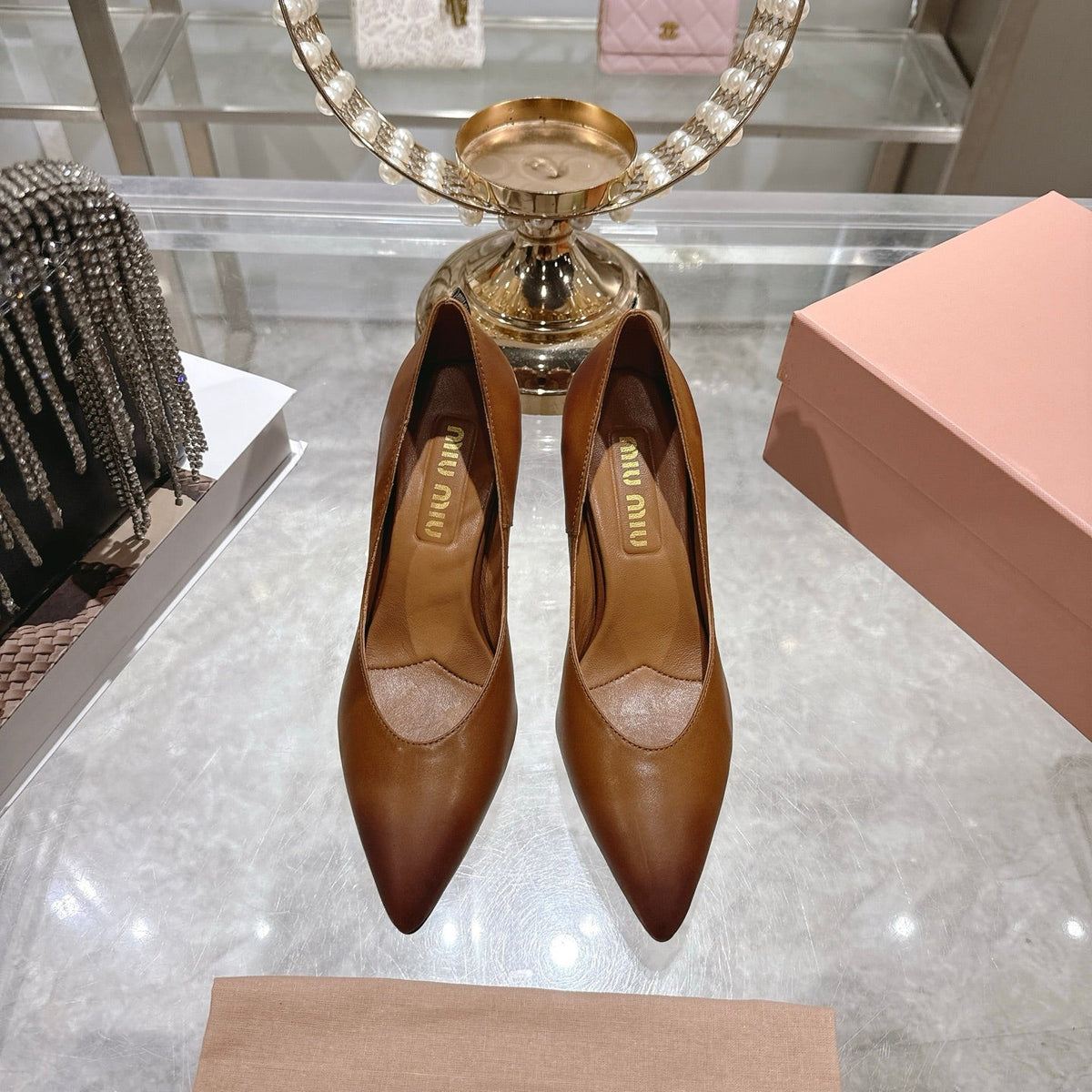 Miu High Heel Pumps Camel Brown Sheepskin 592079