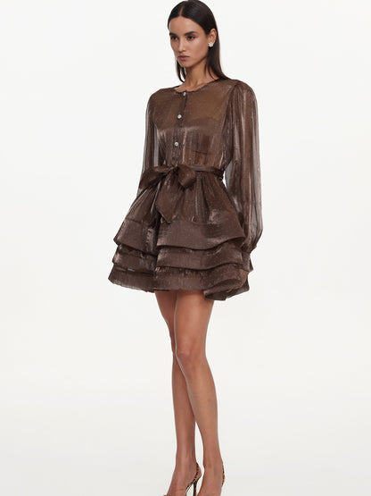 Esme Flowy Long Sleeve Ruffle Polka Dot Woven Mini Dress