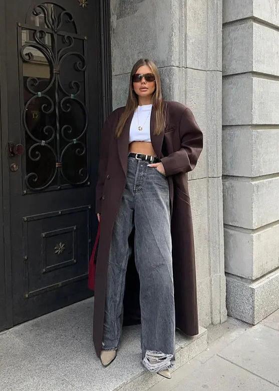 Double Breasted Wool Like Coat Dark Brown