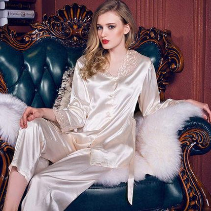 Spring And Summer Long Sleeve Suit Imitation Silk Thin Sexy Lace Large Women'S Home Wear Pajamas
