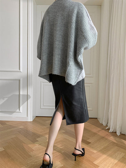 Irregularity Loose Solid Color Batwing Sleeves Round-Neck Sweater Tops