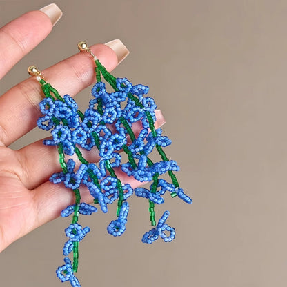 Earwish - Blue Beaded Iris Floral Earrings - Graceful &amp; Flowing