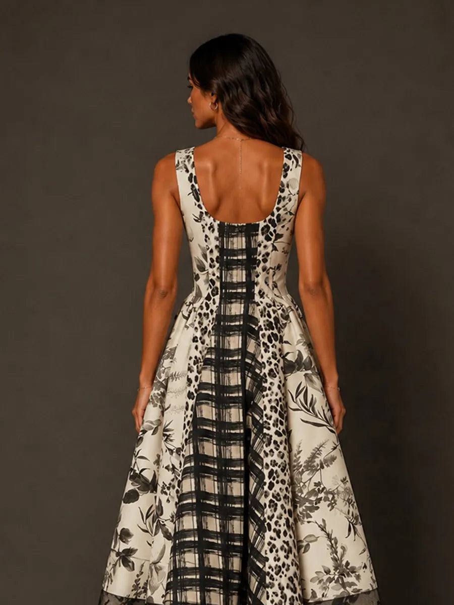 Noelle Ink Painting Print Square Neck Sleeveless Midi Dress