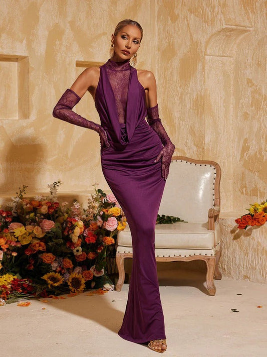 Tenley Halterneck Lace Maxi Dress With Gloves